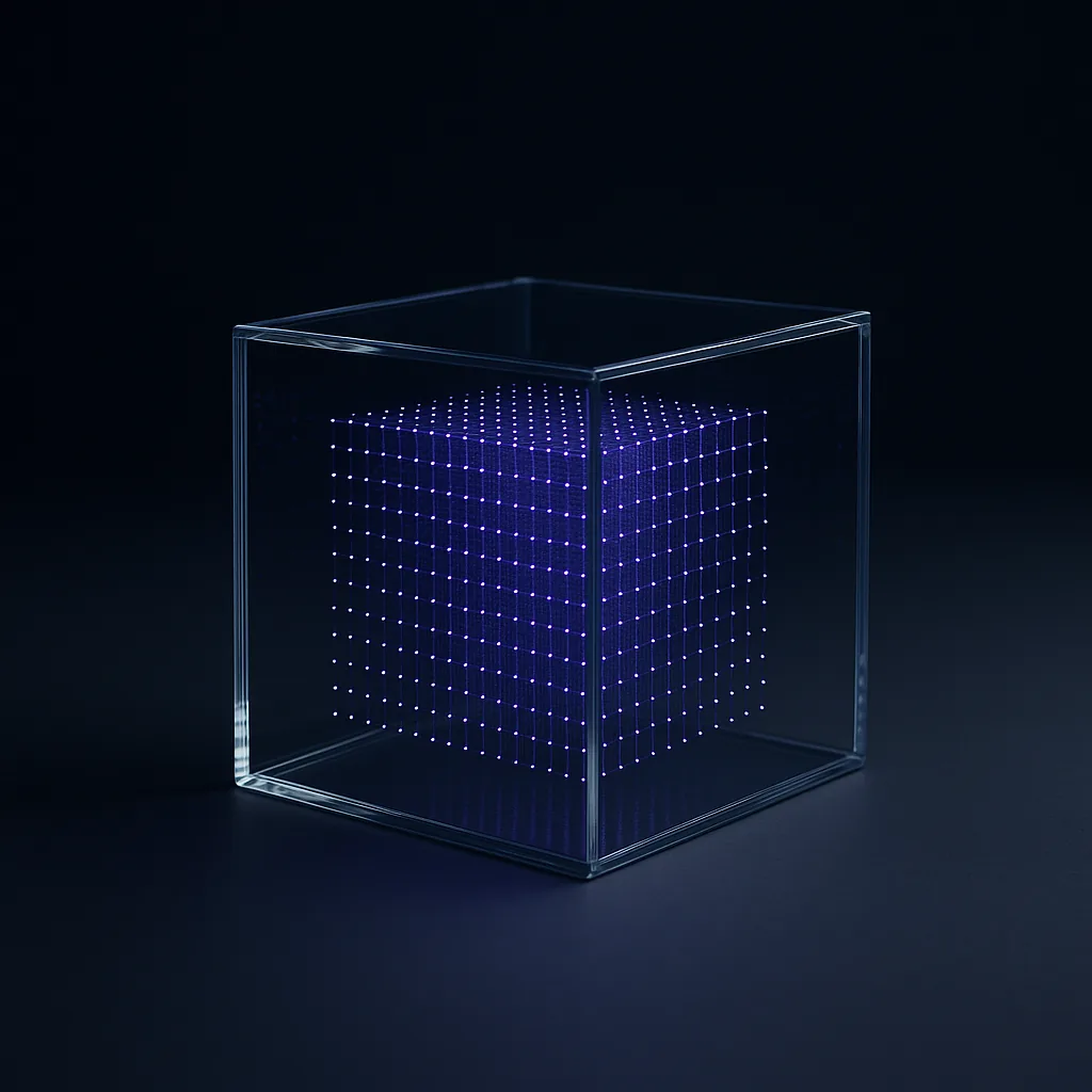A transparent glass cube containing an ordered lattice of indigo data points, representing auditable glass-box AI